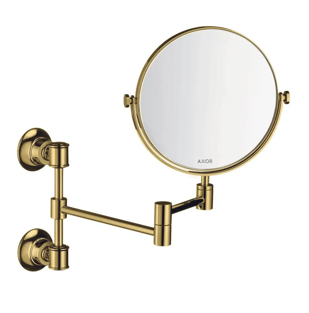 Wandspiegel mit drehbarem Arm in gebürstetem Goldfinish, hergestellt von AXOR. Der Spiegel hat eine runde Form und ist an einer Wandmontage befestigt.